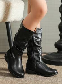 Kids Black Boots, Girls Winter Shoes, Side Zipper Children Shoes, Flat Boots - Black - View 5