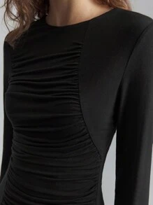 Ontre 2025 Spring New Arrival Women Black Crew Neck Long Sleeve Woven Patchwork Pleated Warm And Comfortable Maxi Versatile Elegant Dress