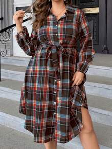 SHEIN LUNE 加大码圣诞格纹 Polo 领开衫蝴蝶结长袖连衣裙，秋冬休闲长款女装 - 棕色 - 查看 1
