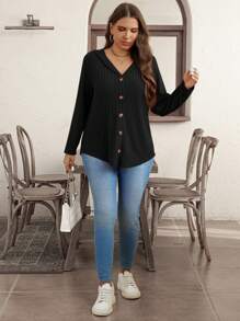 SHEIN LUNE 大码女式纯色插肩袖单排扣休闲连帽 T 恤，秋季 - 黑色 - 查看 6