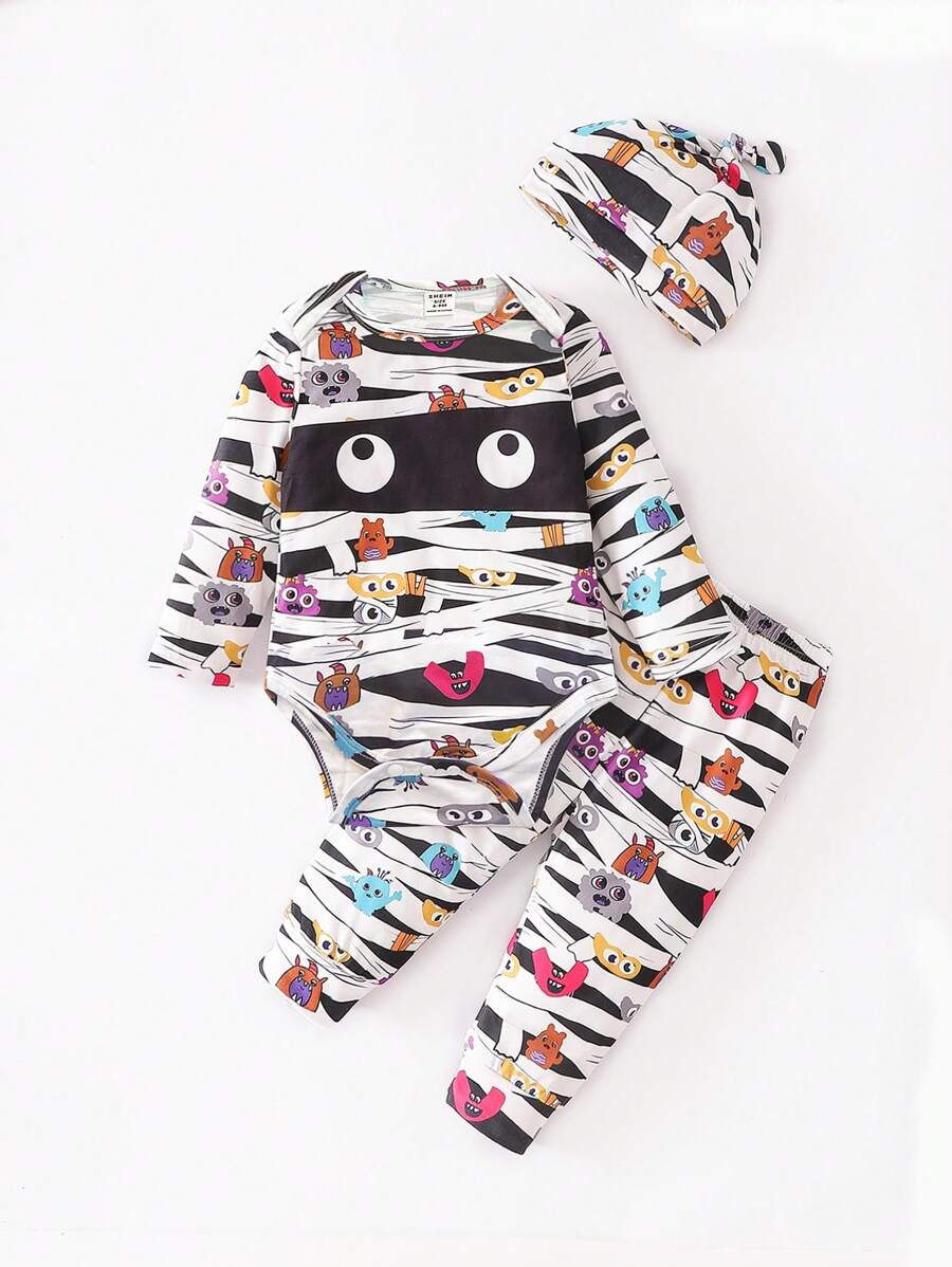 SHEIN Bộ 3 món/Bộ trang phục nhập vai xác ướp đen trắng cho bé trai kèm áo liền quần, quần và mũ, thích hợp cho ngày lễ, tiệc tùng, chụp ảnh sinh nhật, mặc hàng ngày, xuân/hè/thu/đông - Nhiều màu - Xem 1