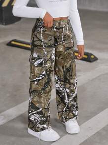 Sparklyn Dziewczyny Tween Trendy Y2K Casual Uniwersalne Spodnie Jeansowe Z Szerokimi Nogawkami W Kamuflażu, Nadające Się Do Codziennego Noszenia