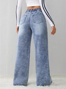 SHEIN Tall 女士牛仔裤休闲宽松直筒裤蓝色冬季牛仔裤高腰女士牛仔裤 - 淺色水洗藍 - 查看 5