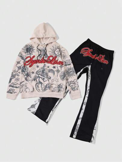 Street Life Men's Letter Print Simple Hooded Sweatshirt Top And Pants Casual Suit Tracksuit