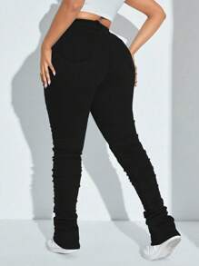 SHEIN SXY 大码女式破洞紧身羊毛牛仔裤，黑色，秋冬季时尚 - 黑色 - 查看 2