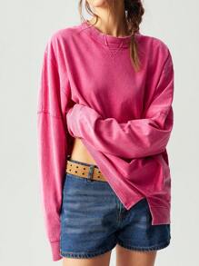 Bohemela Casual Solid Color Knit Crew Neck Dropped Shoulder Long Sleeve Loose Fit Women Sweatshirt In Fall/Winter