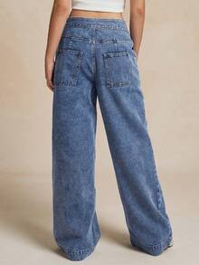 女士复古双纽扣简约宽松直筒牛仔裤 - 藍色 - 查看 2