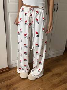 SHEIN EZwear 女士字母与心形印花抽绳腰直筒宽松休闲裤 - 白色 - 查看 6
