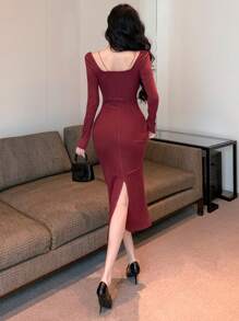 DAZY Women Solid Color Long Sleeve Pleated Mid-Length Wrap Dress,Elegant Burgundy Autumn Dinner Date Prom Dress,New Year Eve Valentine's Day Maxi Dress - Red - View 6