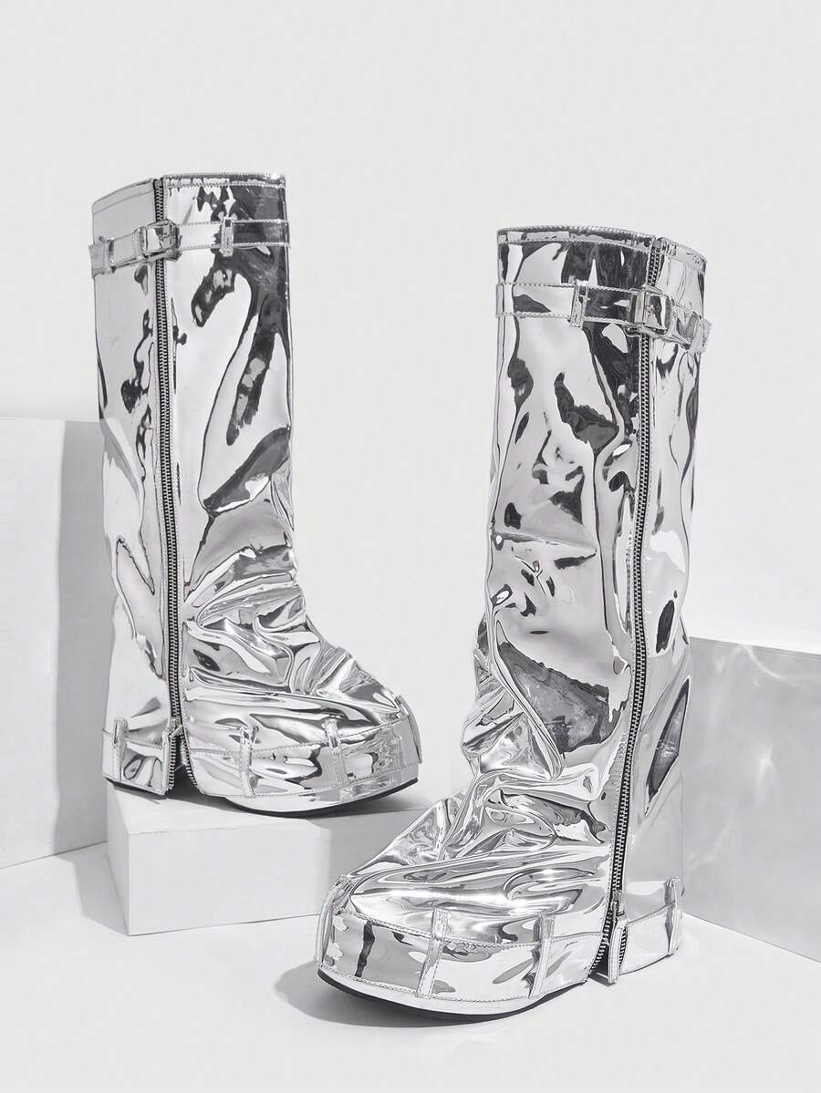 Sugerpunk 圣诞节厚底搭扣拉链朋克风靴 - 銀色 - 查看 1