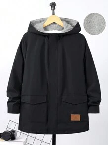 SHEIN Leap Crew 1 件青少年男童休闲百搭舒适长款宽松保暖内衬连帽衫带贴片，适合秋冬季户外穿着 - 黑色 - 查看 6