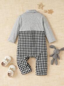SHEIN 1pc Baby Boys' Gentleman Academy Style Badge Fake Two Plaid Long Sleeve Jumpsuit, Suitable For Daily Wear, Fall/Winter - Multicolor - View 2