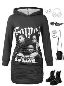 1pc Tween Girl Graphic Print Casual Hooded Long Sleeve Knee Length Bodycon Dress - Dark Grey - View 1