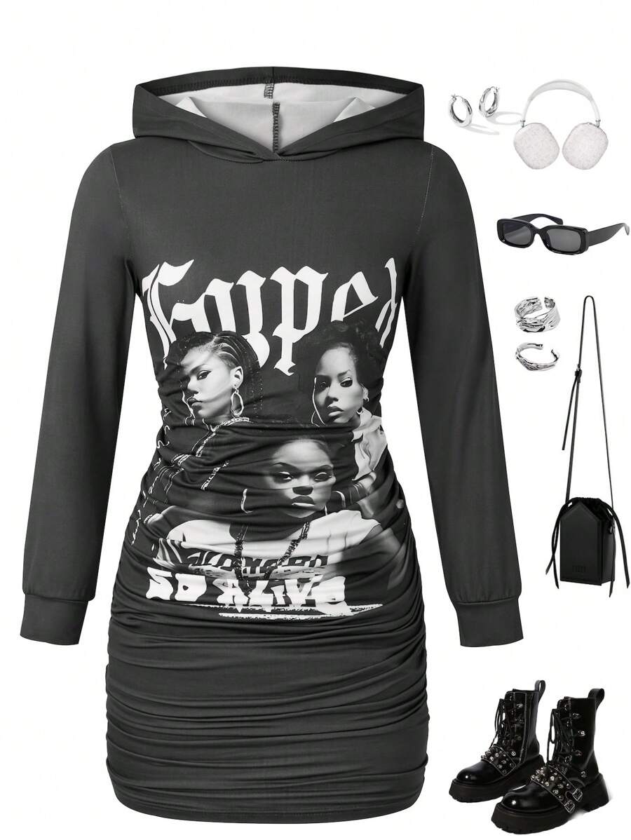 1pc Tween Girl Graphic Print Casual Hooded Long Sleeve Knee Length Bodycon Dress - Dark Grey - View 1