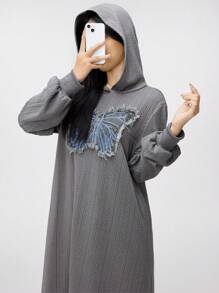 Mulvari 女士 3D 蝴蝶装饰连帽长款卫衣连衣裙，休闲宽松款式，秋冬