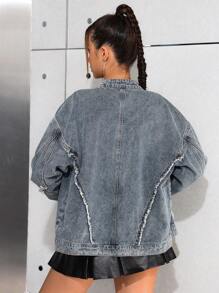 SHEIN Vintage Blue Denim Stand Collar Long Sleeve Jacket For Teen Girls - Medium Wash - View 3