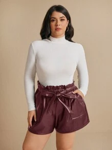 SHEIN Frenchy Plus Size Solid Color Front Tie Pocket Pleated Simple Casual Shorts - Burgundy - View 7