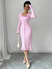 Elenzga Women's Ruffle Collar & Cuff Slim Fit Sweater Dress - Pink - View 3