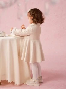 SHEIN Baby Girls' Minimalist Lapel Half-Open Cardigan With Fuzzy Trim, Long Sleeve Butterfly Decor A-Line Party Dress, Spring/Autumn - Apricot - View 2