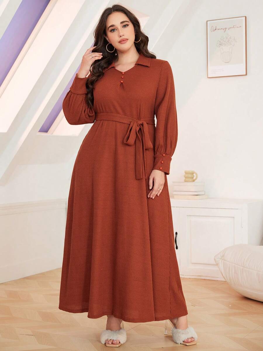 Mulvari 纯色针织长裙，秋冬保暖 - 棕色 - 查看 1