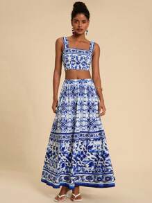 Travachic 度假编织印花短款上衣和长款女式裙子，秋装，两件套秋装，女士两件套，女士裙子套装，女士套装 - 藍色 - 查看 3