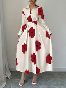 Chiquease 长袖收腰碎花连衣裙+（随机印花短裤） - 紅色 - 查看 3