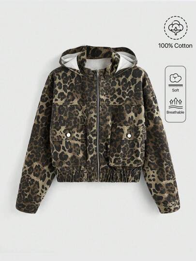 Grunge Punk Chaqueta de mezclilla con bolsillos cargo de estampado de leopardo motero para mujer