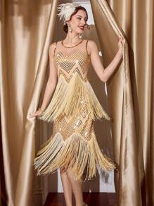 Vintamour Váy cocktail dự tiệc thanh lịch cổ điển, váy vàng không tay tua rua sequin bó sát, phù hợp với mọi mùa Lễ Tạ ơn cho phụ nữ, trang phục dự tiệc Giáng sinh, váy đêm giao thừa, ngày lễ tình nhân, trang phục ngày lễ tình nhân, váy cho phụ nữ, trang phục rave thanh lịch, lễ hội - Vàng - Xem 3
