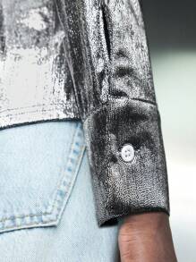 Maija Women's Silver Metallic Shiny Long Sleeve Turndown Collar Single Breasted Party Casual Fashion Blouse, Early Spring - Silver - View 7