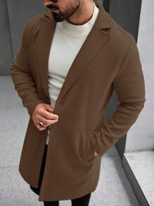 Manfinity Homme Men's Solid Color Pocket & Button Front Long Sleeve Overcoat, Autumn  Fall Clothes - Brown - View 3