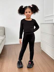 SHEIN 3 件套年轻女孩立领加垫背心、修身针织 T 恤和修身针织长裤，温暖冬季服装 - 彩色 - 查看 4