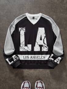 Manfinity VCAY Men's Digital Print Loose Fit V-Neck Long Sleeve Pullover Sweatshirt, For Fall Winter - Multicolor - View 1