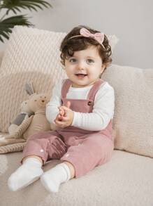 SHEIN Infant Girl 2pcs Set: Suspender Pants And Matching Top - Pink - View 1