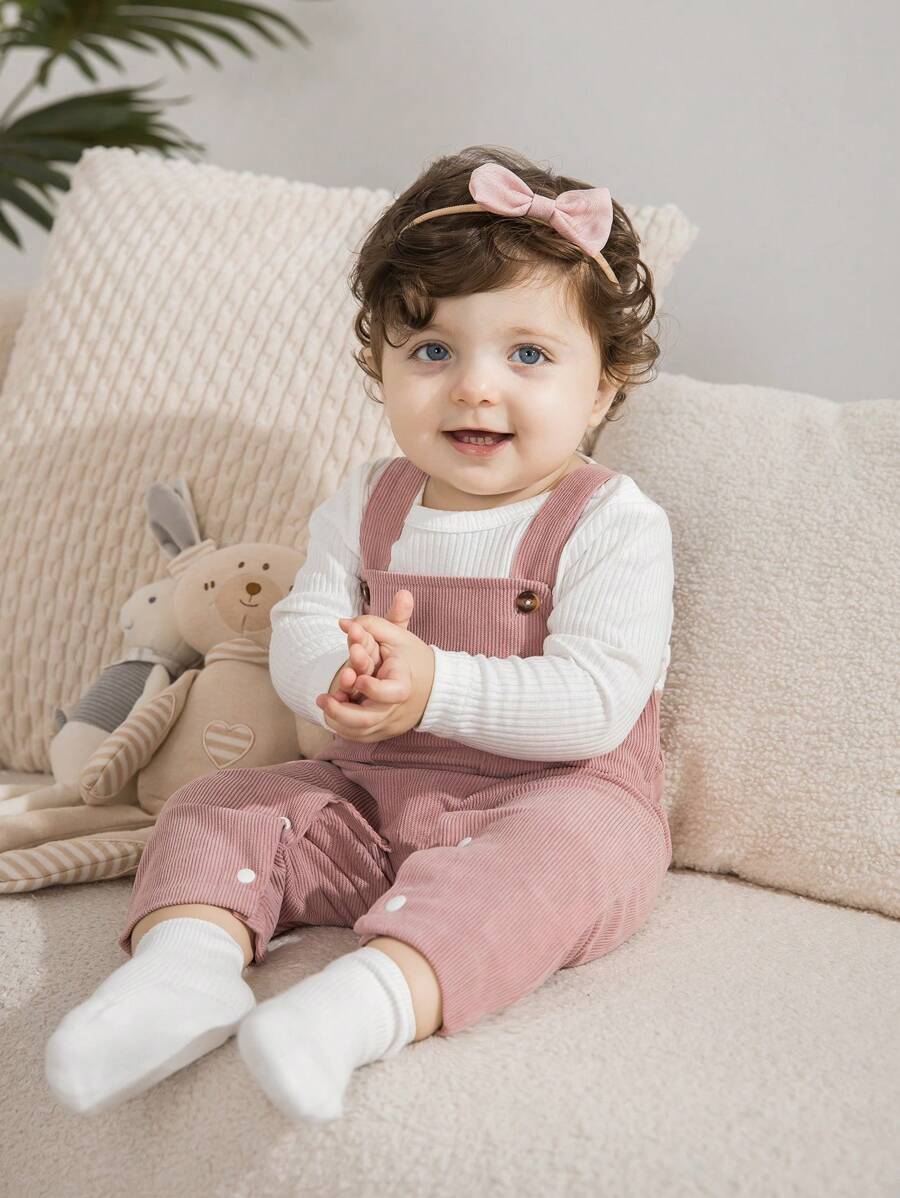 SHEIN Infant Girl 2pcs Set: Suspender Pants And Matching Top - Pink - View 1