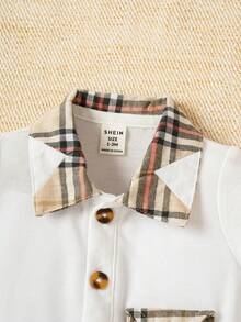 SHEIN Bộ đồ liền thân tay ngắn cổ polo in họa tiết kẻ caro thường ngày cho bé trai - trắng - Xem 6