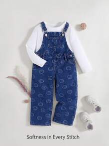 年轻女孩牛仔背带裤和连体裤，可爱笑脸设计，大口袋，宽松牛仔工装裤 - 藍色 - 查看 1