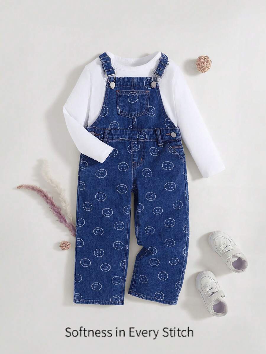 年轻女孩牛仔背带裤和连体裤，可爱笑脸设计，大口袋，宽松牛仔工装裤 - 藍色 - 查看 1