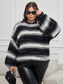 SHEIN Cottnline Plus Size Women Brushed Effect Striped Knit Design Sweater - Black and White - View 1