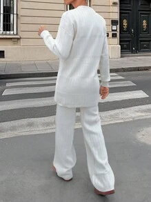 EURMUSE Casual Crew Neck Rib Knit Combined Cable Knit Sweater & Wide Leg Rib Knit Sweater Pants 2 Piece Knit Set - Apricot - View 3