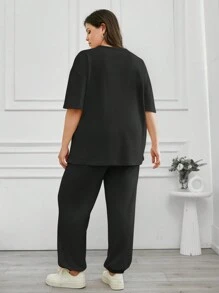 SHEIN Cottnline 100%Cotton Cottonline Solid Color Printed T-Shirt & Sweatpants - Black - View 2