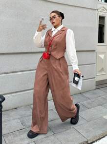 Flirla Classic Striped Splicing Shirt Collar Top + Straight-Leg Pants Suit, 2pcs Set, Minimalist Long Sleeve Elegant Outfit Fall Cloth For Women - Khaki - View 3