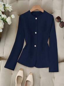 SHEIN LUNE Women's Minimalist Solid Color Professional Front Button Blazer - Navy Blue - View 1
