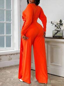 Maweii 大码纯色 V 领裹身长袖连体裤