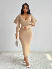 SHEIN X Lucía Bellido Zolique V-Neck Ruffle Sleeve Hollow Out Fitted Sweater Dress Fall Cloth For Women - Khaki - View 1