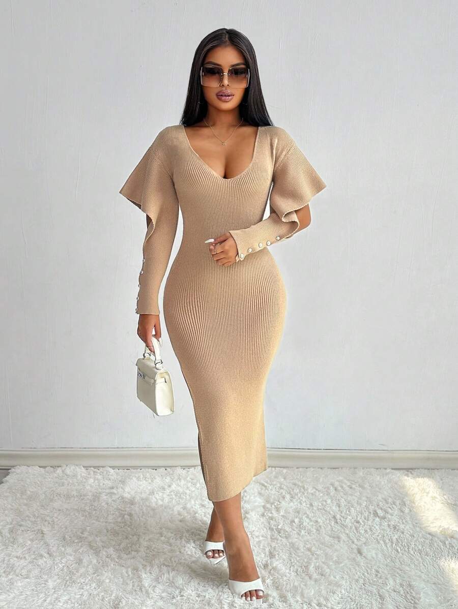 SHEIN X Lucía Bellido Zolique V-Neck Ruffle Sleeve Hollow Out Fitted Sweater Dress Fall Cloth For Women - Khaki - View 1