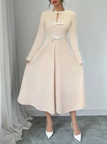 Elenzga 1 chiếc váy trang trí nơ thanh lịch thường ngày cho nữ, dành cho mùa thu - Màu be - Xem 7