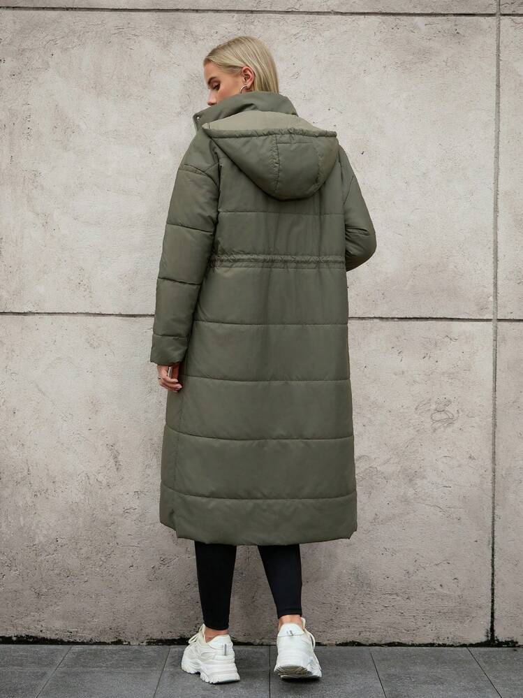 SHEIN Unity 女士纯色落肩长袖拉链抽绳连帽休闲羽绒服，机场通勤必备，冬季保暖 - 軍綠色 - 查看 2