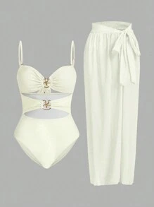 Swim Oasis Conjunto de traje de baño de una sola pieza con decoración de estrella de mar metálica, busto fruncido y hueco, talla grande falda envolvente con nudo, para playa de verano