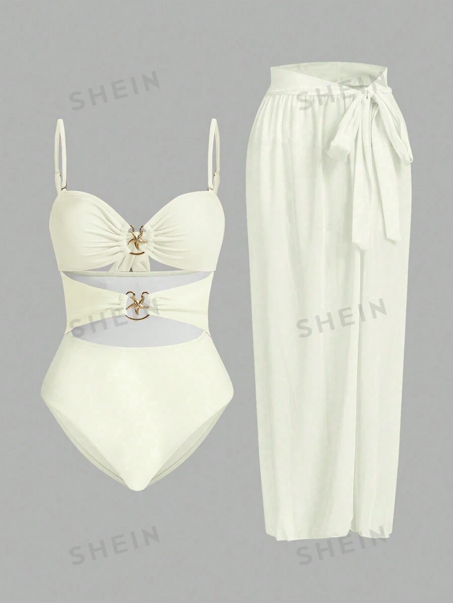 Swim Oasis Conjunto de traje de baño de una sola pieza con decoración de estrella de mar metálica, busto fruncido y hueco, talla grande falda envolvente con nudo, para playa de verano