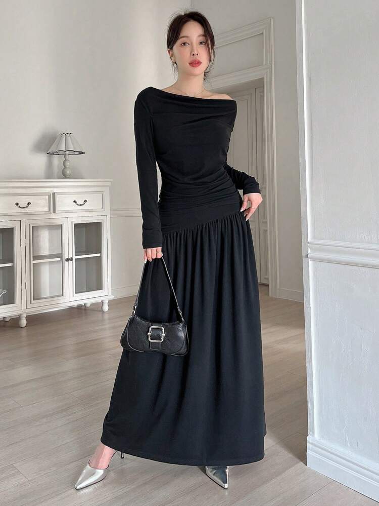 2pcs Set: Women Solid Color Long Sleeve Pleated T-Shirt & Long Casual Skirt, Autumn